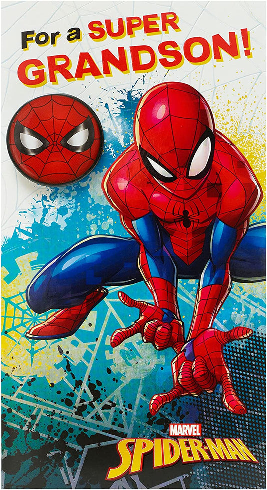 Spiderman Grandson birthday greeting card with face badge hero design, featuring Spiderman in superhero costume for kids' celebration.