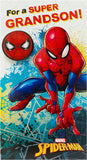 Spiderman Grandson birthday greeting card with face badge hero design, featuring Spiderman in superhero costume for kids' celebration.