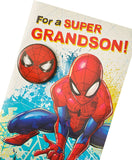 Spiderman Grandson birthday greeting card featuring a face badge hero design, perfect for celebrating a young superhero fan.