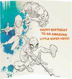 Spiderman Grandson birthday greeting card featuring face badge hero design from UK Greetings. Bright and colorful comic style.