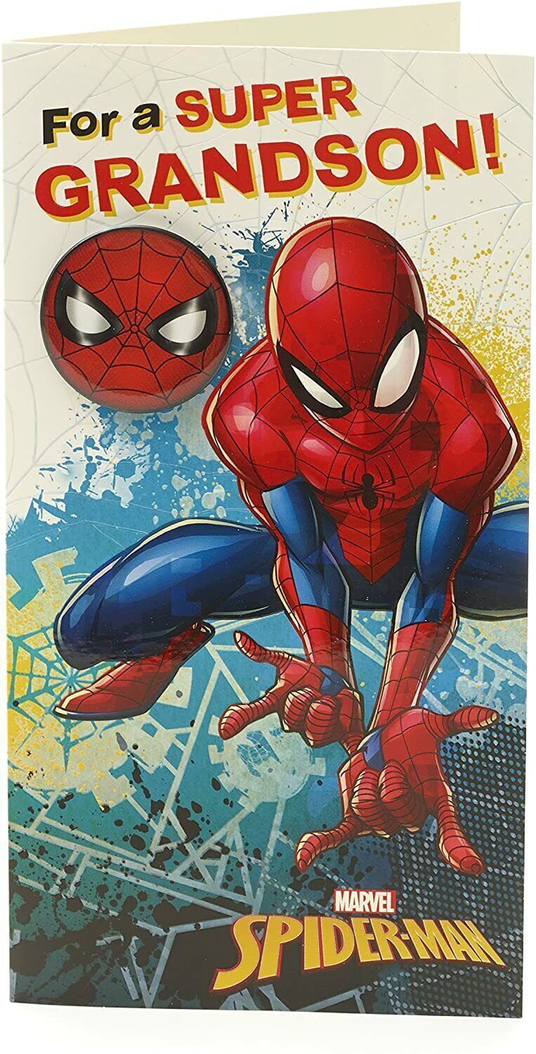 Spiderman Grandson birthday greeting card featuring a face badge hero design, ideal for celebrating a young superhero's special day.