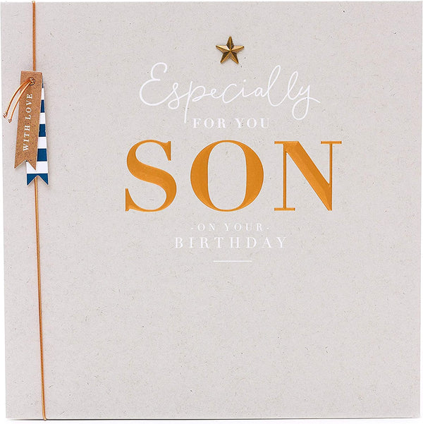 Sentimental Son birthday greeting card with star attachment from UK Greetings, featuring heartfelt message and colorful design.