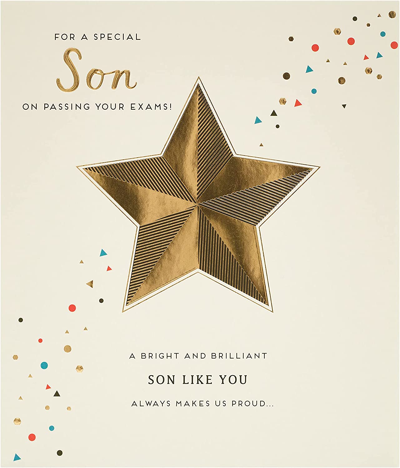 Star Gold Foil Son Exam Pass Congratulations Greeting Card from UK Greetings, featuring a celebratory design with gold foil accents.