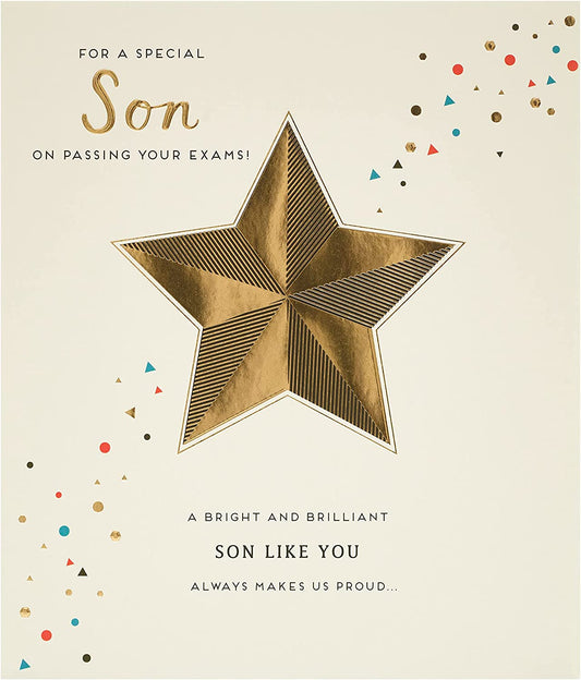 Star Gold Foil Son Exam Pass Congratulations Greeting Card from UK Greetings, featuring a celebratory design with gold foil accents.