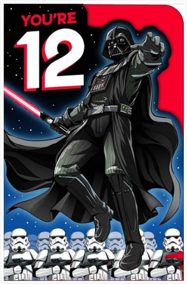 Star Wars 12th birthday greeting card by UK Greetings featuring iconic characters and space-themed design.