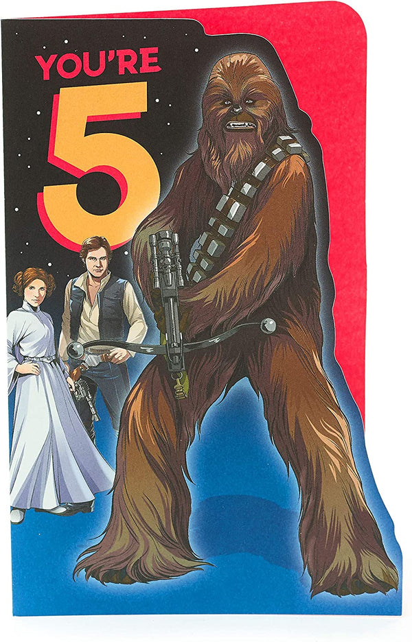 Star Wars Chewbacca 5th birthday greeting card from UK Greetings featuring Chewbacca character illustration.