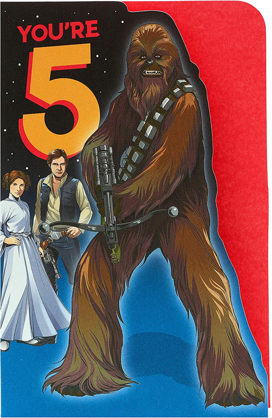 Star Wars Chewbacca 5th birthday greeting card by UK Greetings featuring Chewbacca with a festive background.