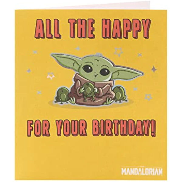 Holographic foil Star Wars Mandalorian Grogu birthday greeting card featuring Grogu in a playful pose on a festive background.