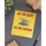 Holographic foil Mandalorian Grogu birthday greeting card featuring Star Wars design, perfect for fans and special celebrations.
