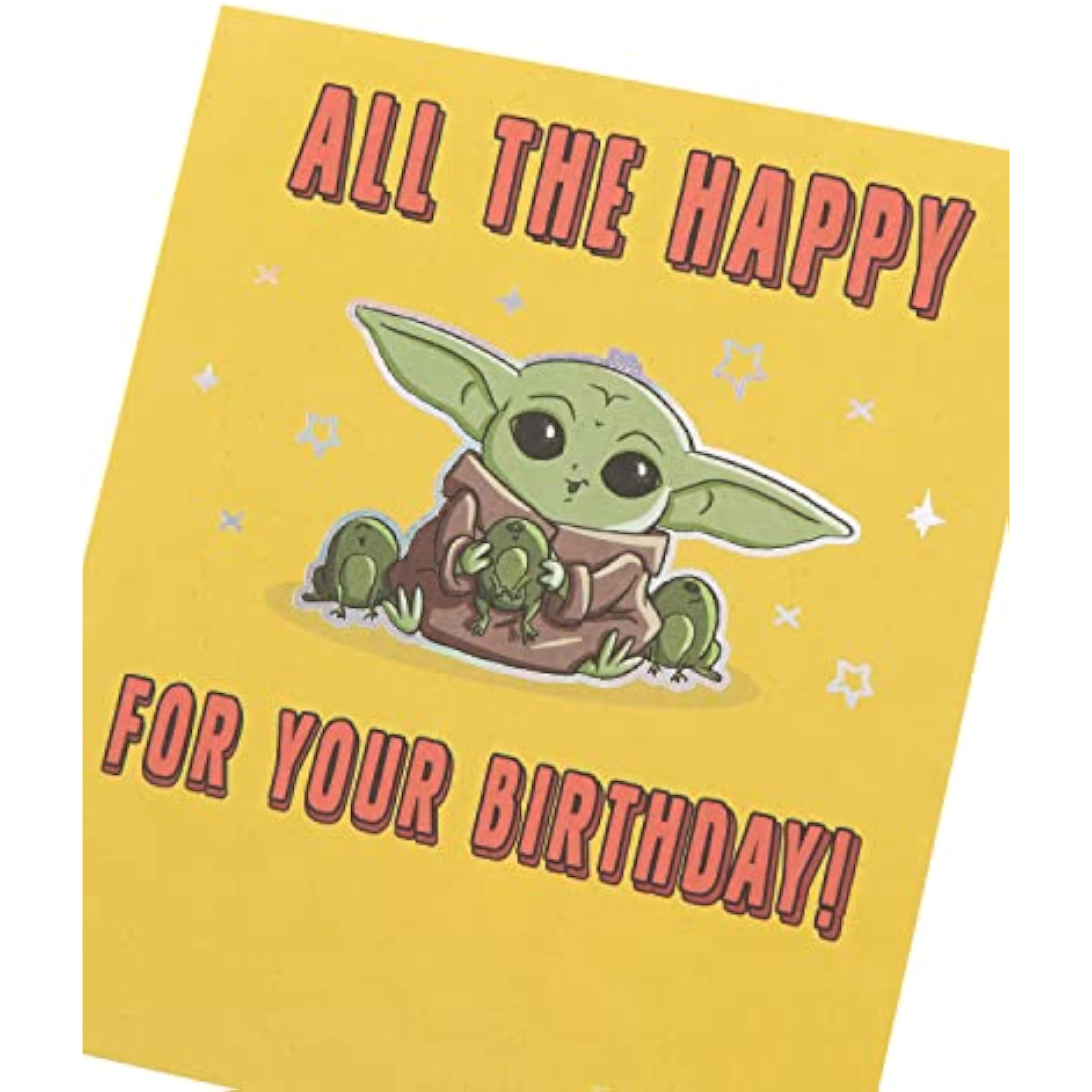 Holographic foil Mandalorian Grogu birthday greeting card featuring Star Wars character on a festive background.