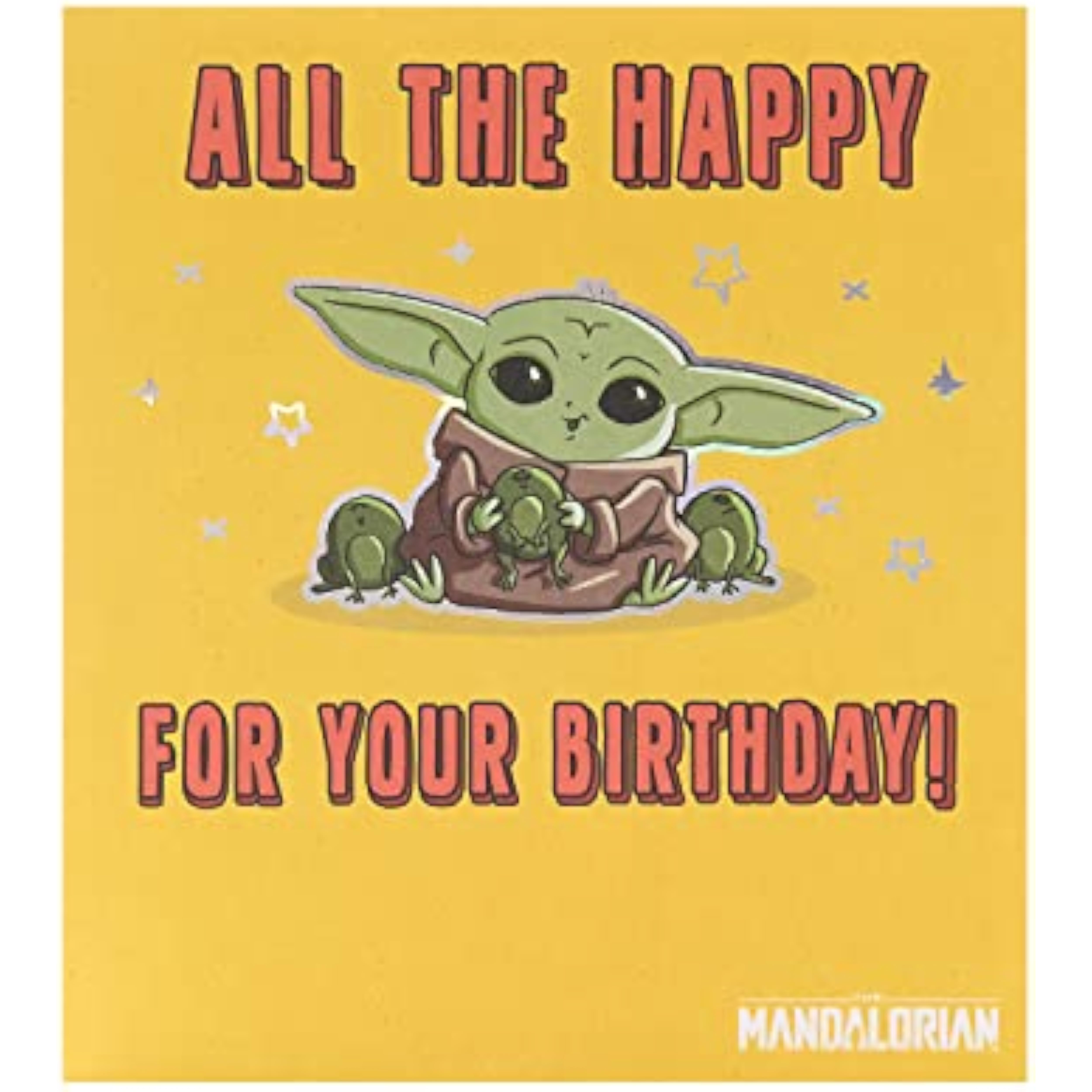 Holographic foil Star Wars Mandalorian Grogu birthday greeting card with space-themed design from UK Greetings.