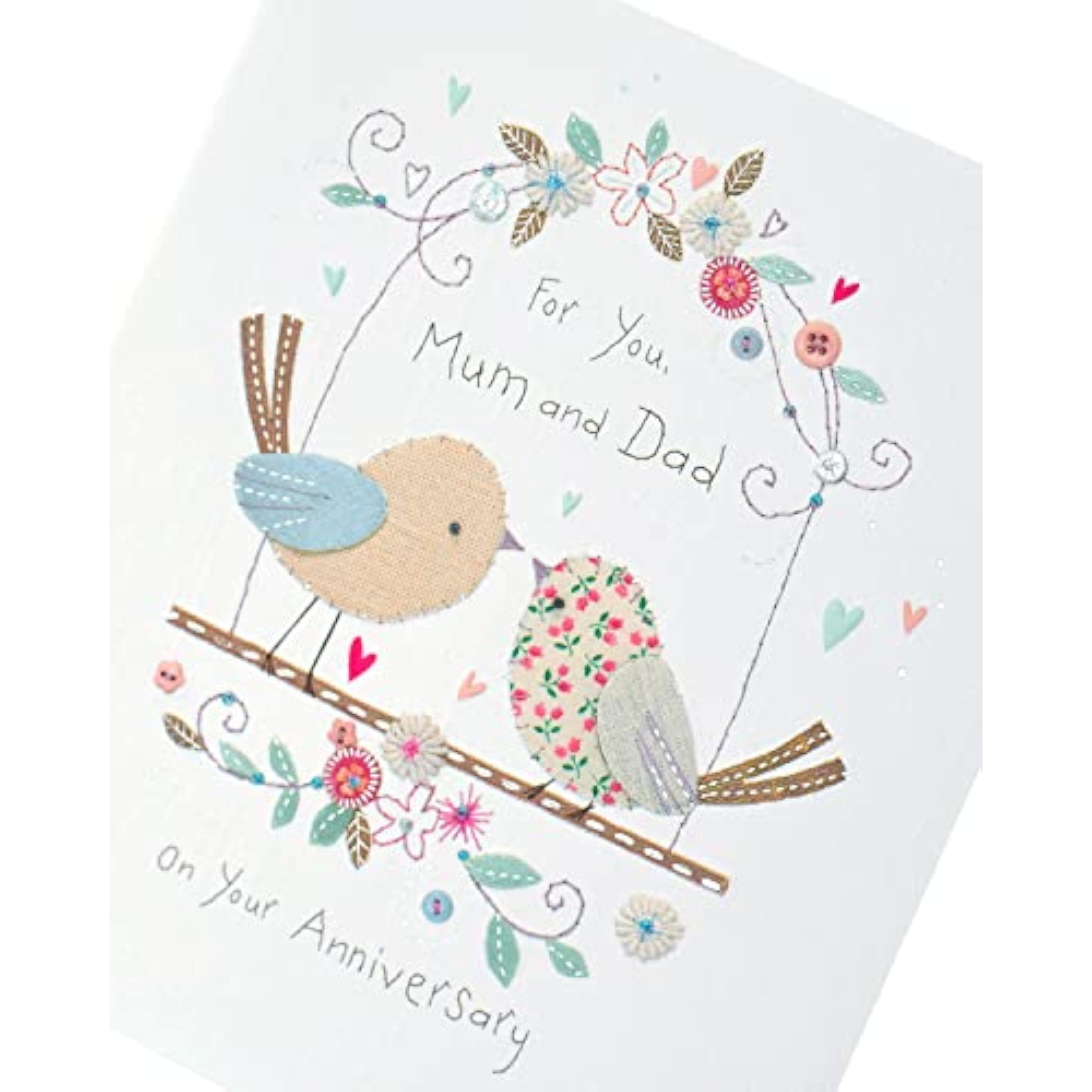 Close-up of a stunning UK Greetings anniversary greeting card for Mum and Dad featuring elegant floral designs.