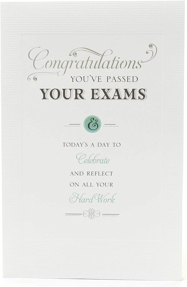 Stylish congratulation greeting card from UK Greetings with a celebratory design for exam success.