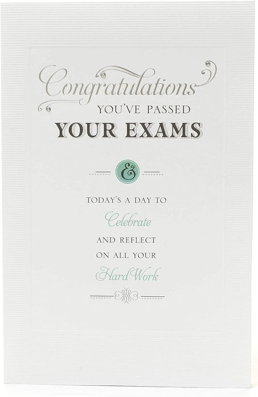 Stylish congratulation greeting card from UK Greetings with a celebratory design for exam success.