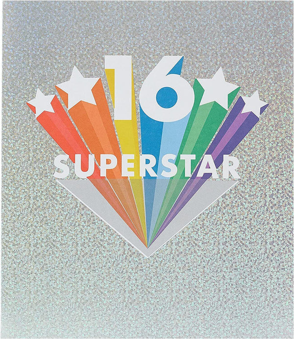 Super Star 16th birthday greeting card from UK Greetings featuring colorful star designs and celebratory text.