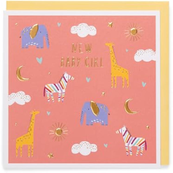 Sweet animal design baby girl greeting card, UK Greetings, featuring colorful illustrations for new baby congratulations.