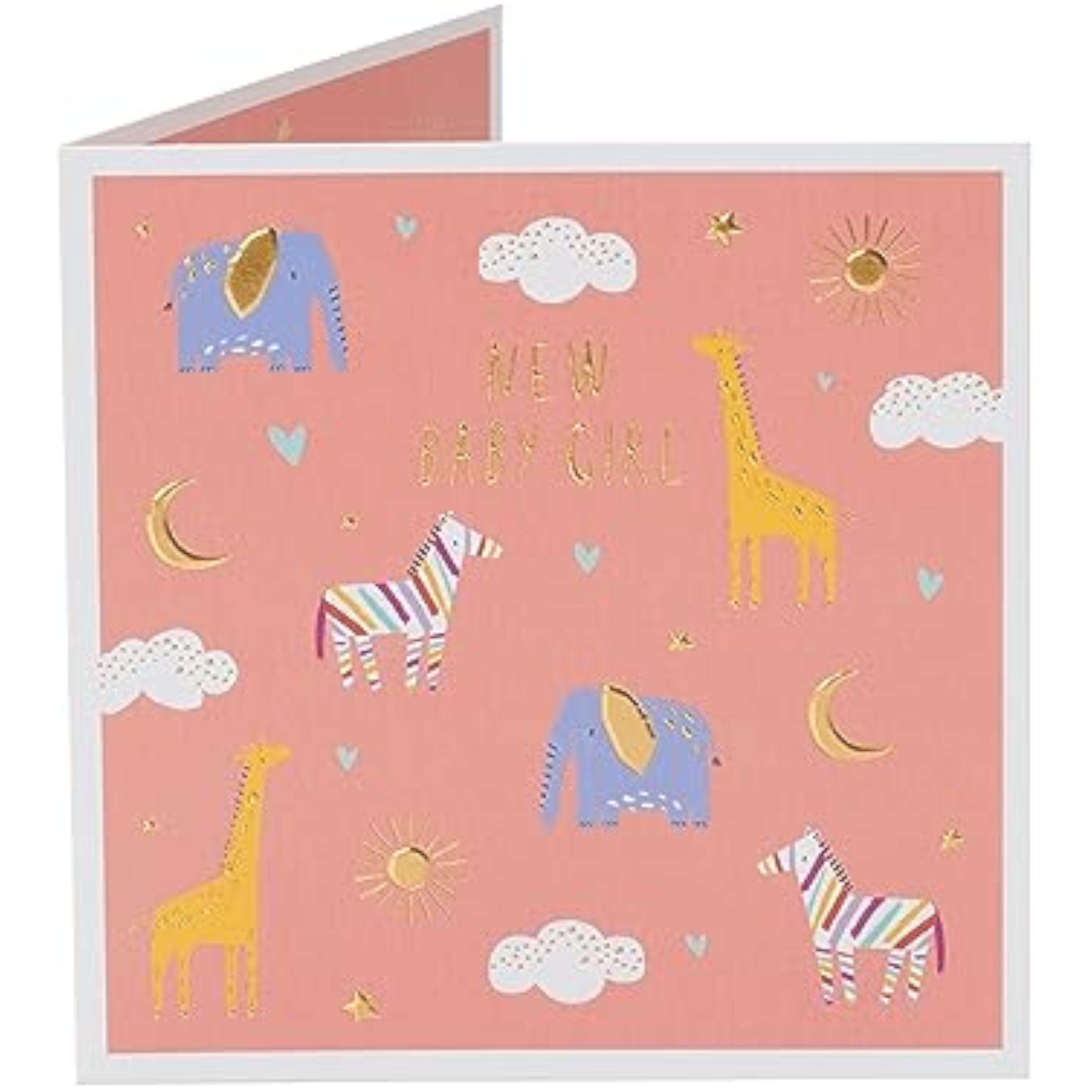 Cute new baby girl greeting card featuring sweet animal design from UK Greetings, with colorful illustrations and cheerful message.