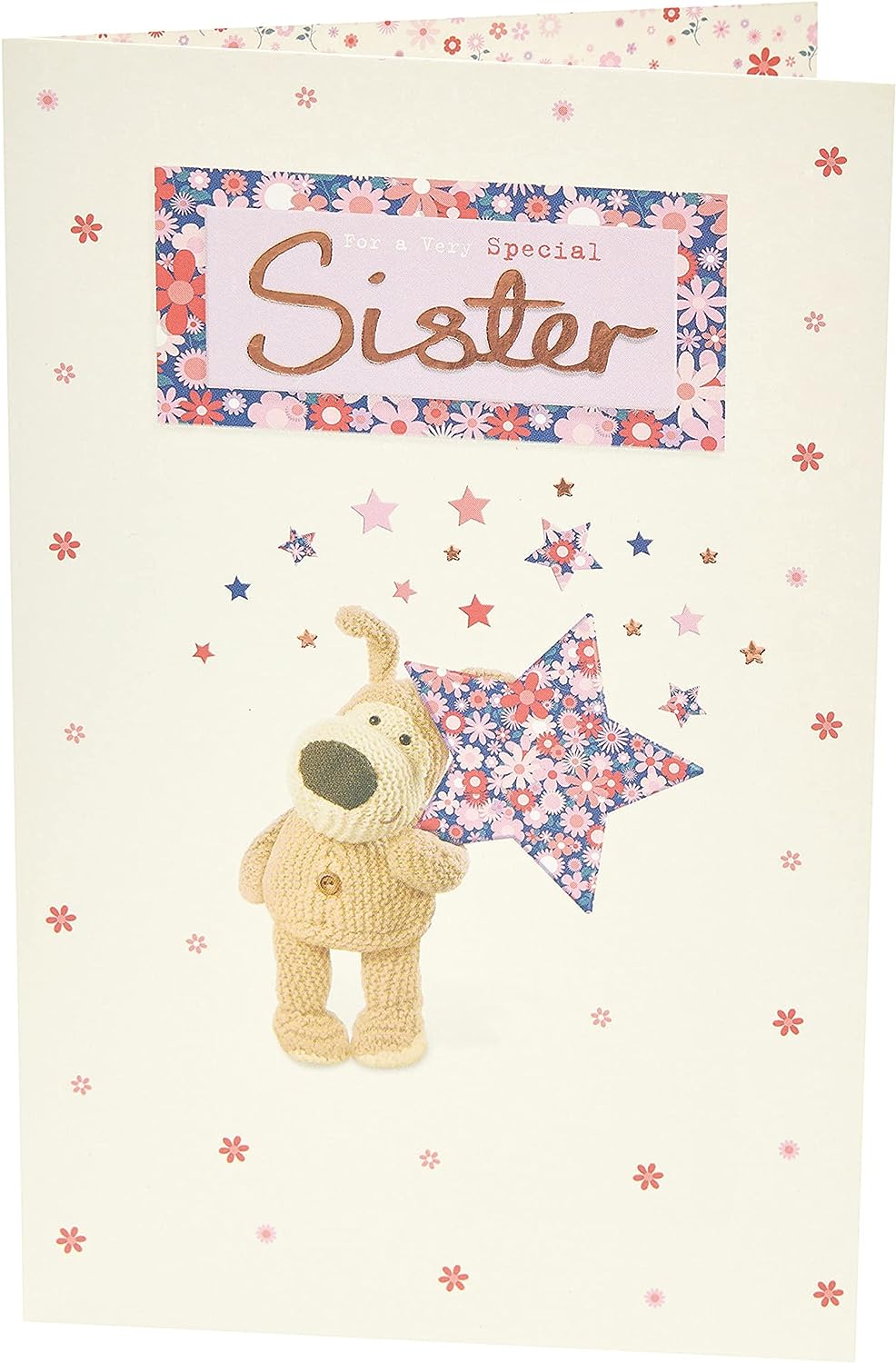 Sweet Boofle Star Sister birthday greeting card from UK Greetings featuring colorful star designs and adorable Boofle character.