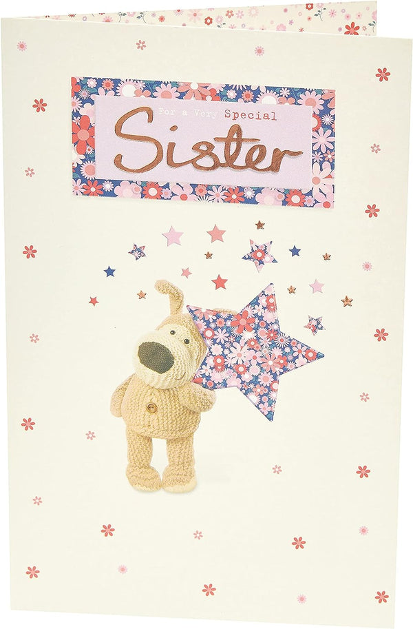 Sweet Boofle Star Sister birthday greeting card from UK Greetings featuring colorful star designs and adorable Boofle character.