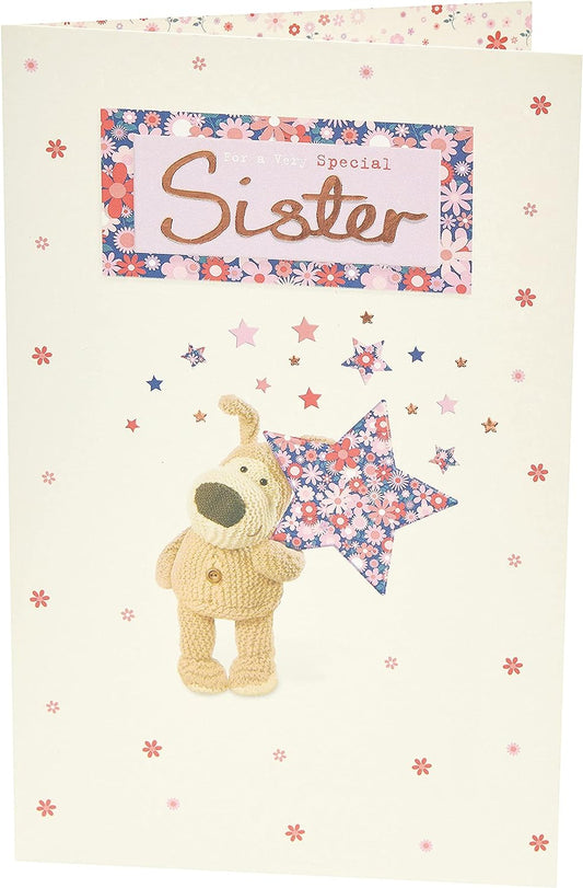 Sweet Boofle Star Sister birthday greeting card from UK Greetings featuring colorful star designs and adorable Boofle character.