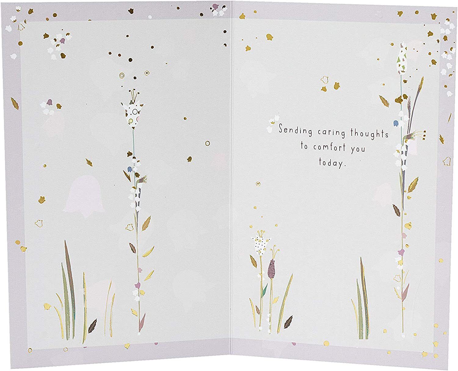 Gold foil sympathy greeting card titled "Caring Thoughts" by UK Greetings, featuring a heartfelt design for expressing comfort.