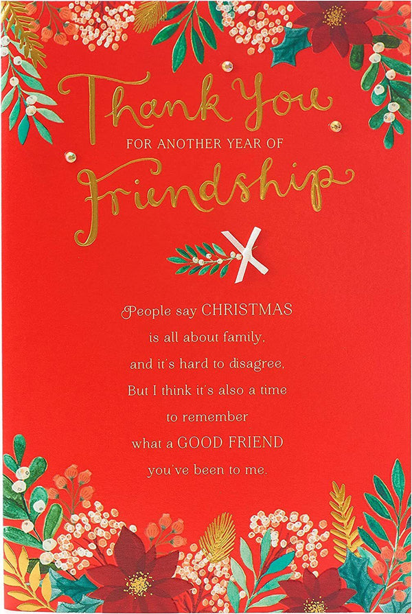 Thank You Friend Christmas Card by UK Greetings featuring a festive holiday appreciation design with cheerful holiday elements.