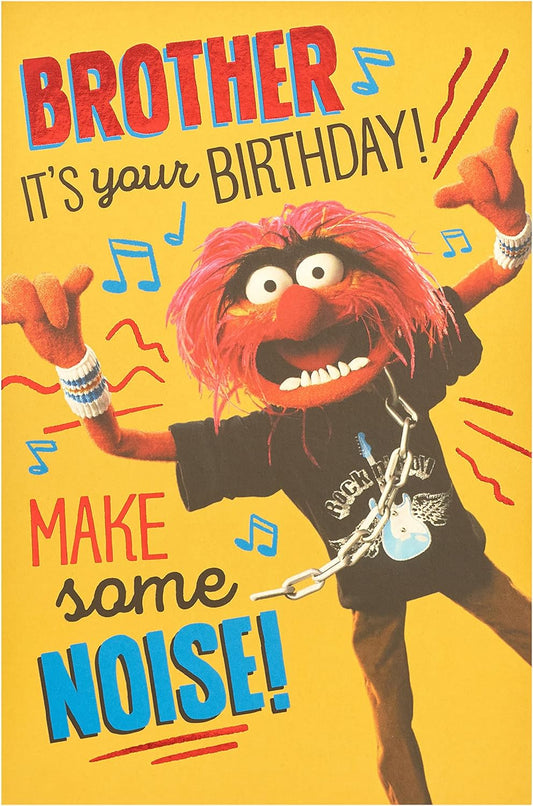 The Muppets Brother birthday greeting card featuring colorful characters from the Muppets on a festive background.