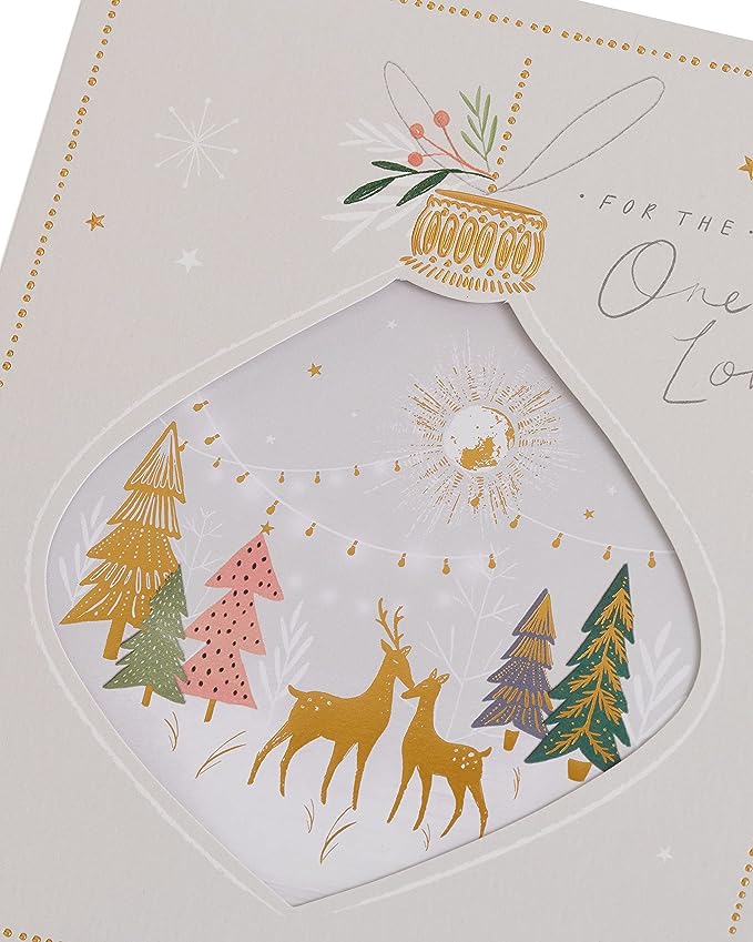 Gold foil bauble Christmas greeting card with heartfelt message from UK Greetings, featuring festive holiday design and red accents.