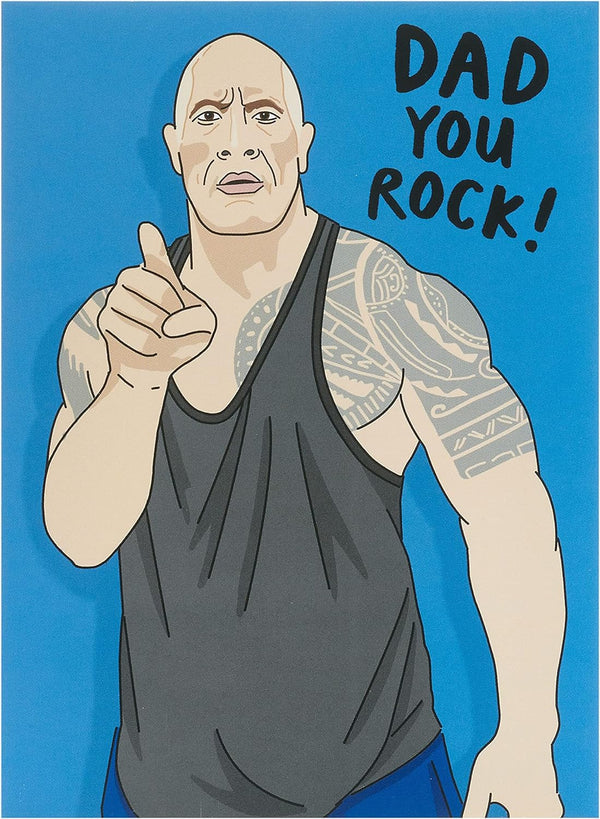 UK Greetings Father's Day greeting card featuring The Rock with humorous message for dad.