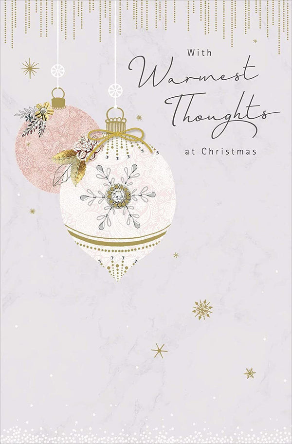 Festive Christmas greeting card with foiled "Thinking of You" message and decorative holiday baubles design by UK Greetings.
