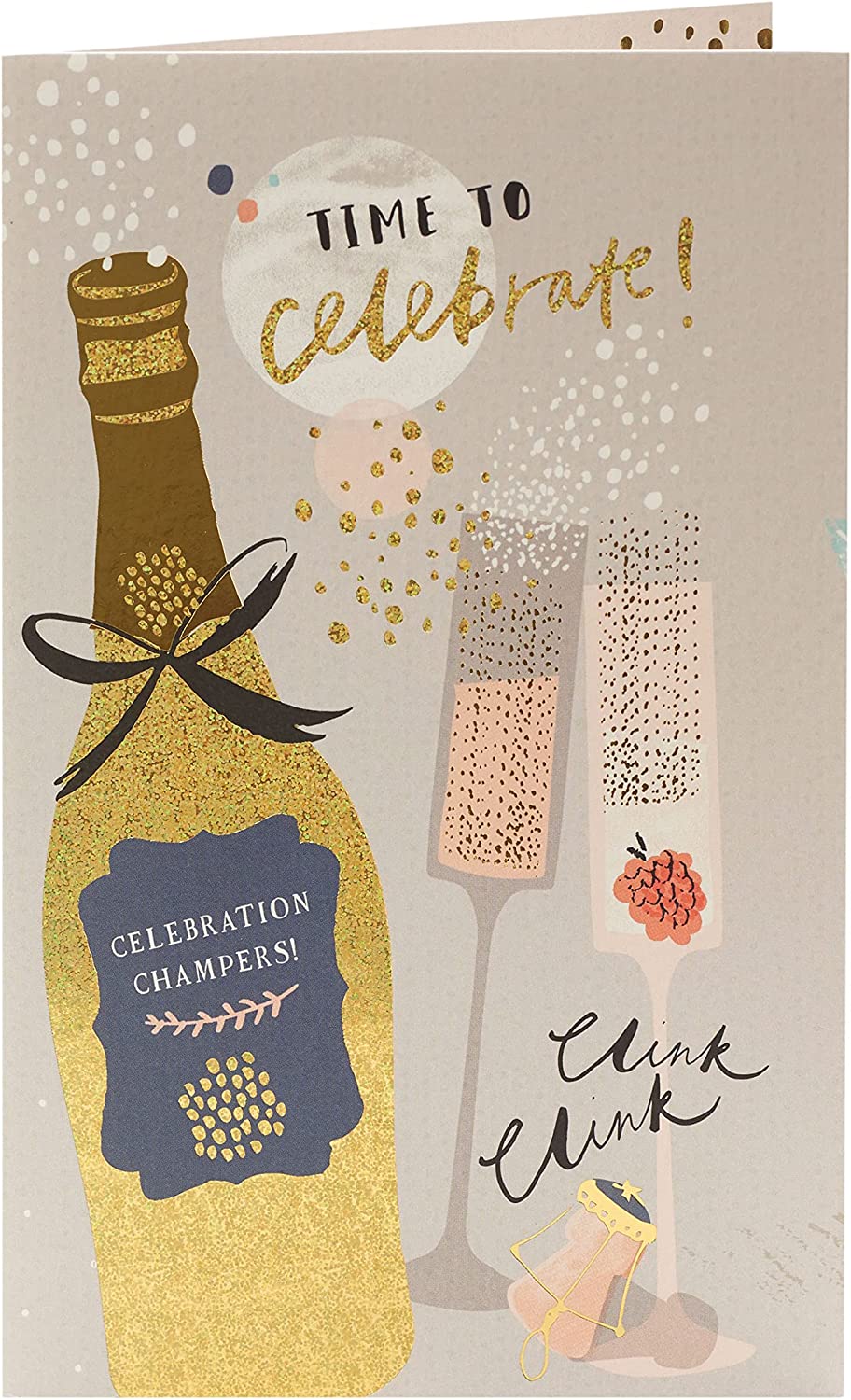 Colorful champagne-themed birthday greeting card by UK Greetings with festive designs and cheerful messages.