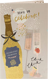 Colorful champagne-themed birthday greeting card by UK Greetings with festive designs and cheerful messages.