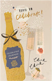Celebration-themed greeting card featuring champagne glasses and birthday message, designed by UK Greetings for special occasions.