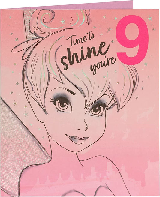 Tinker Bell 9th birthday greeting card by UK Greetings featuring magical fairy design and colorful birthday theme.
