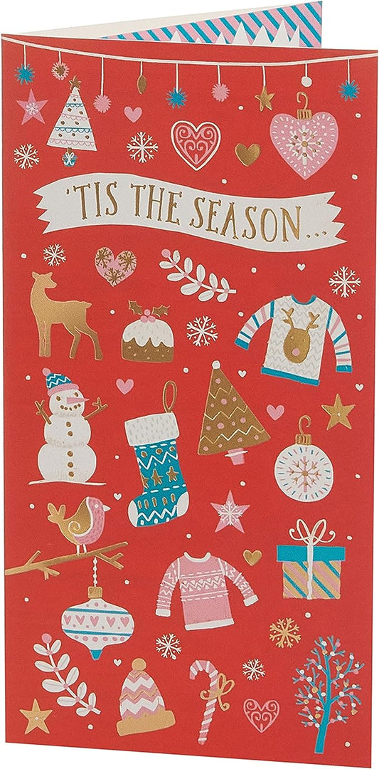 Festive Christmas greeting card with a money wallet gift holder featuring holiday cheer and seasonal holiday design.