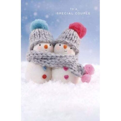 Christmas greeting card featuring a snowman and snowwoman design, perfect for couples during the holiday season.