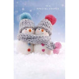 Christmas greeting card featuring a snowman and snowwoman design, perfect for couples during the holiday season.