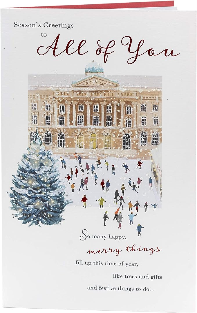 Christmas greeting card featuring winter ice-skating scene with festive design by UK Greetings.