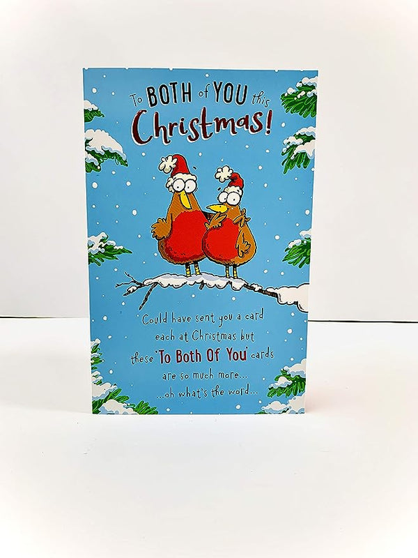 Funny Robin couple Christmas greeting card by UK Greetings featuring playful festive design and humorous holiday message.