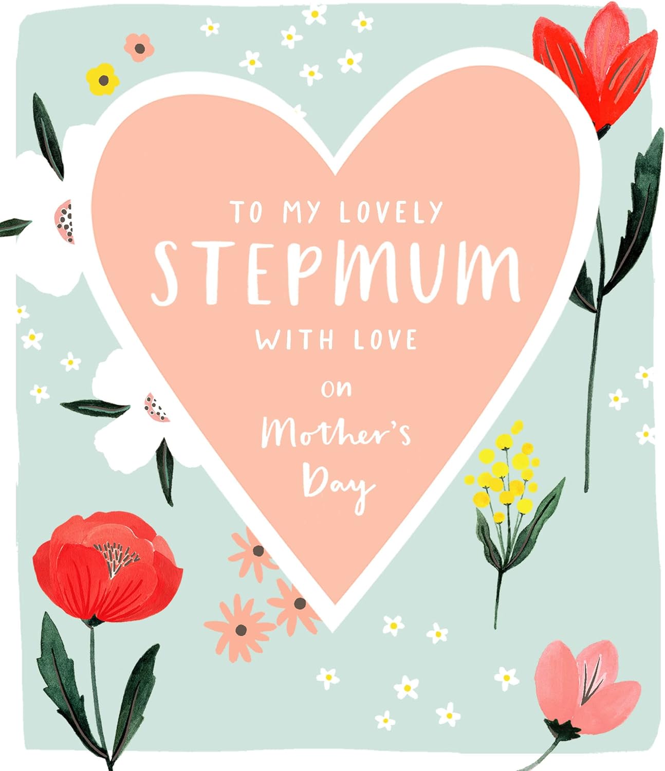 Greeting card from UK Greetings with "To My Lovely Step Mum With Love" for Mother's Day, featuring heartfelt floral design.