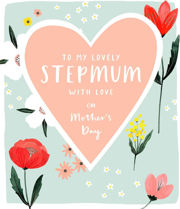 Greeting card from UK Greetings with "To My Lovely Step Mum With Love" for Mother's Day, featuring heartfelt floral design.
