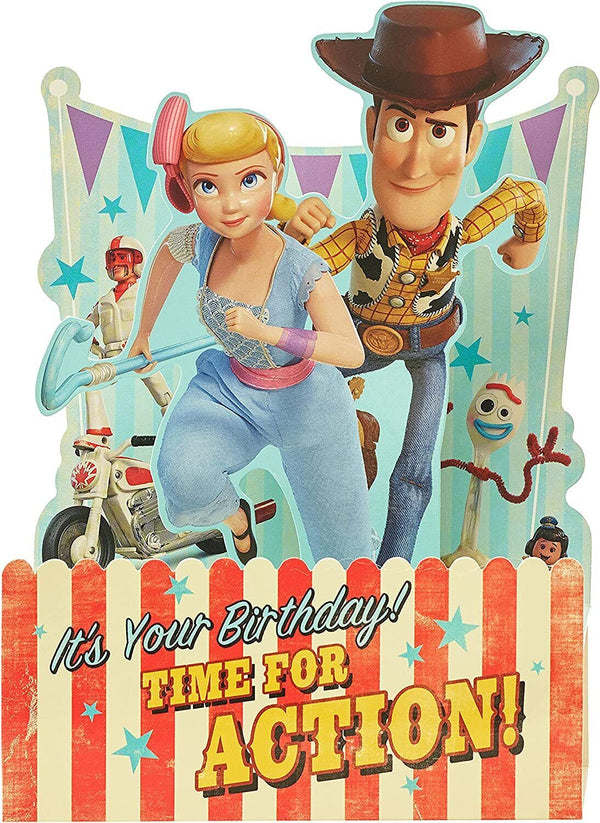 Toy Story Woody pop-up birthday greeting card from UK Greetings featuring Woody character and colorful birthday design.
