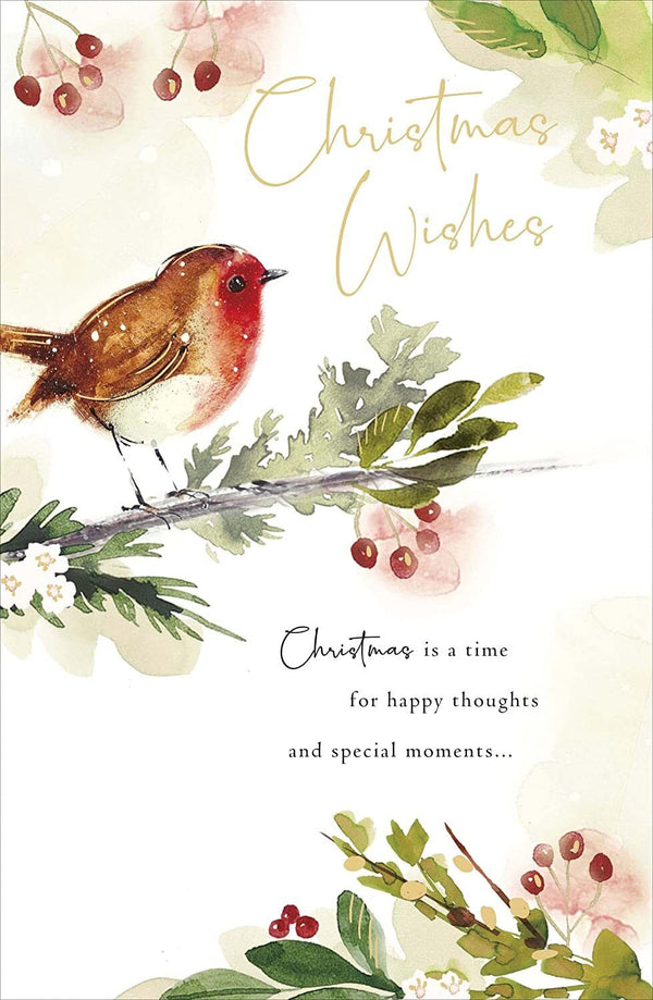 Traditional foiled Robin Christmas Wishes greeting card featuring festive holiday design with a cheerful robin and holiday message.