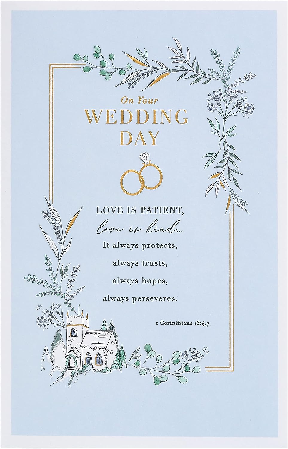 Traditional gold foil wedding greeting card featuring elegant design, perfect for celebrating a special wedding occasion.