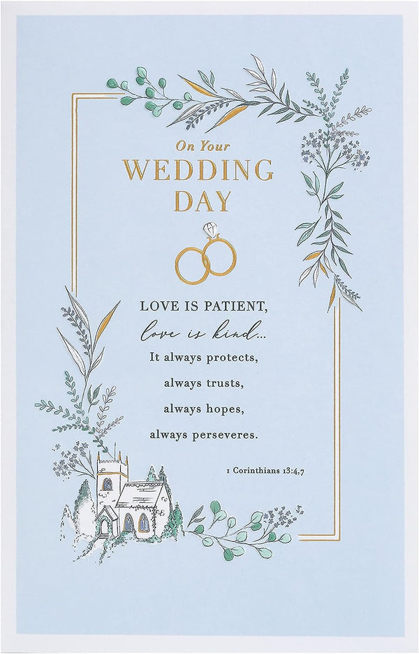 Traditional gold foil wedding greeting card featuring elegant design, perfect for celebrating a special wedding occasion.