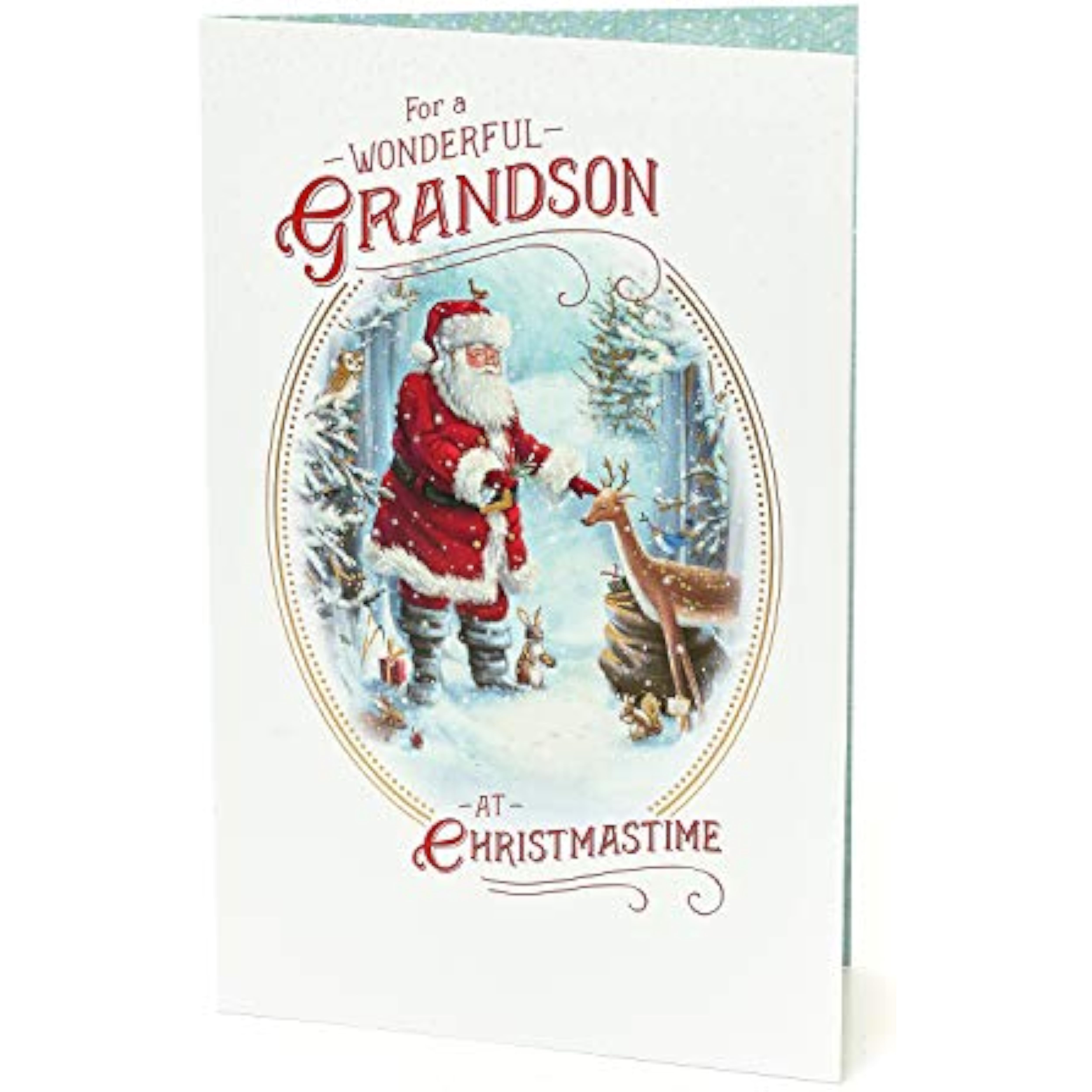Traditional grandson Christmas greeting card with gold foil and glitter design, featuring festive holiday imagery.