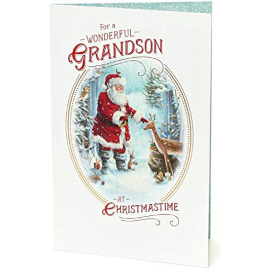 Traditional grandson Christmas greeting card with gold foil and glitter design, featuring festive holiday imagery.
