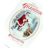 Traditional grandson Christmas greeting card with gold foil and glitter design, featuring festive holiday imagery and heartfelt message.