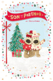 Two Boofles Christmas greeting cards for son and partner from UK Greetings, featuring festive illustrations and holiday messages.