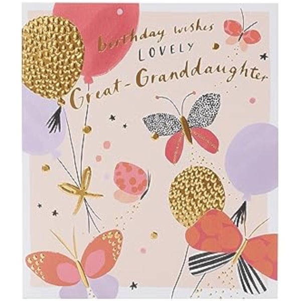 UK Greetings birthday greeting card for great-granddaughter featuring colorful balloons and butterfly illustrations.